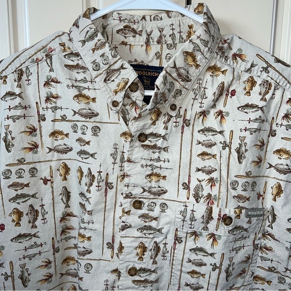 Woolrich Vintage Khaki Freshwater Fish Button Front Short Sleeve Shirt Size XL - Picture 2 of 12